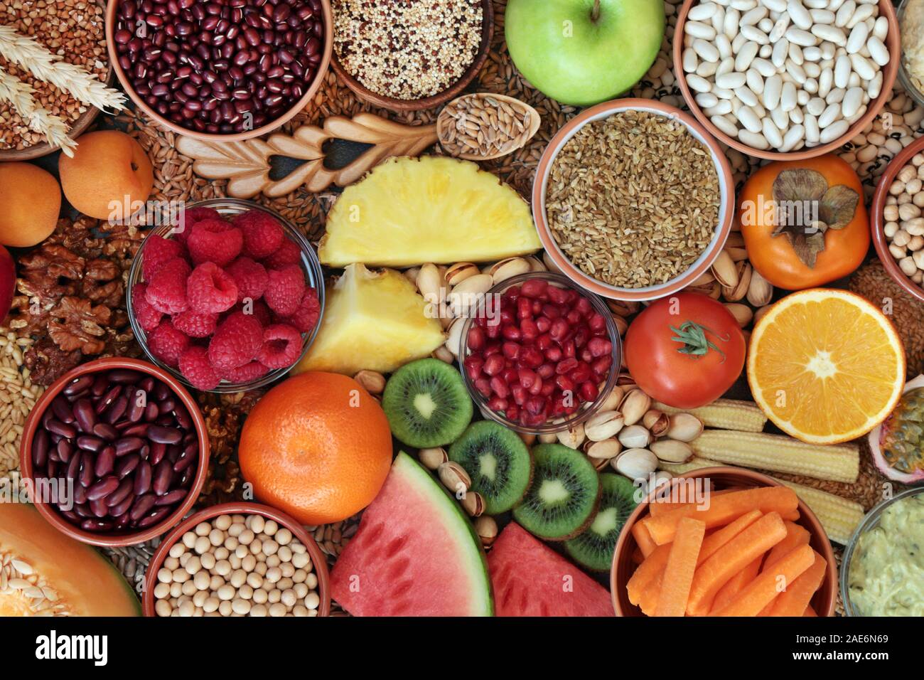 High fibre health food concept with super foods high in antioxidants, omega 3, vitamins &  protein with low GI levels for diabetics. Stock Photo