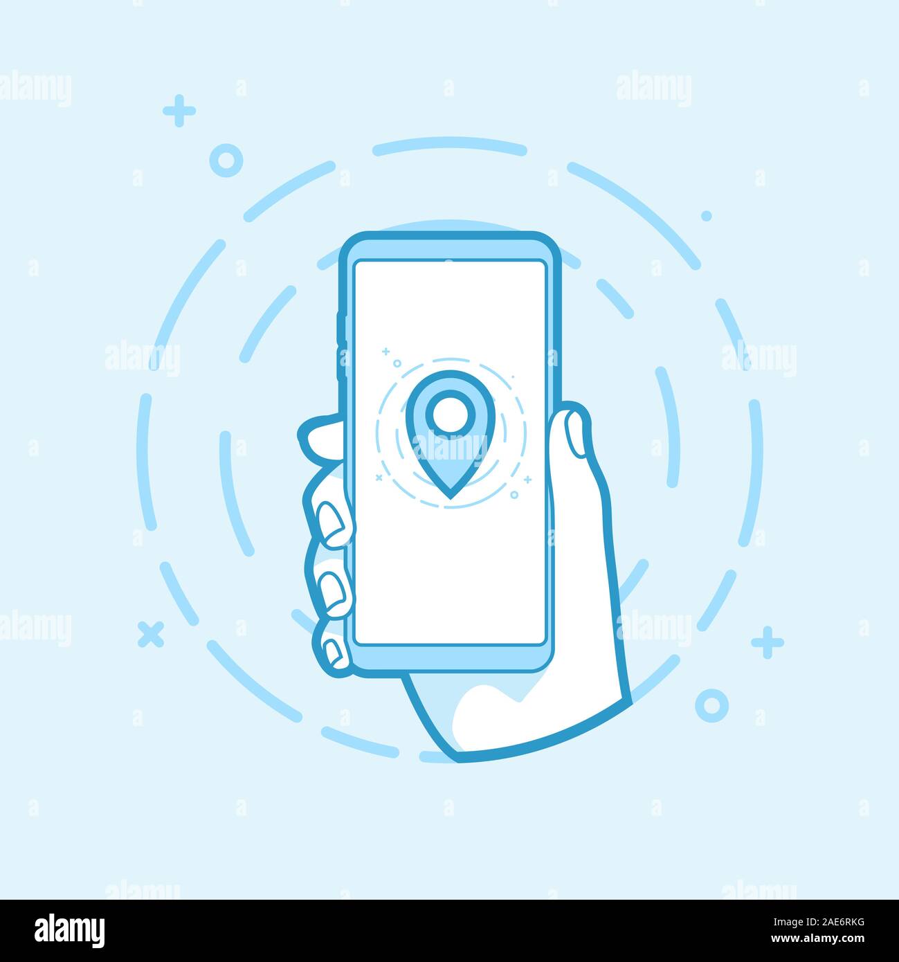 Hand holding smartphone with Map pin icon. Vector illustration Outline ...
