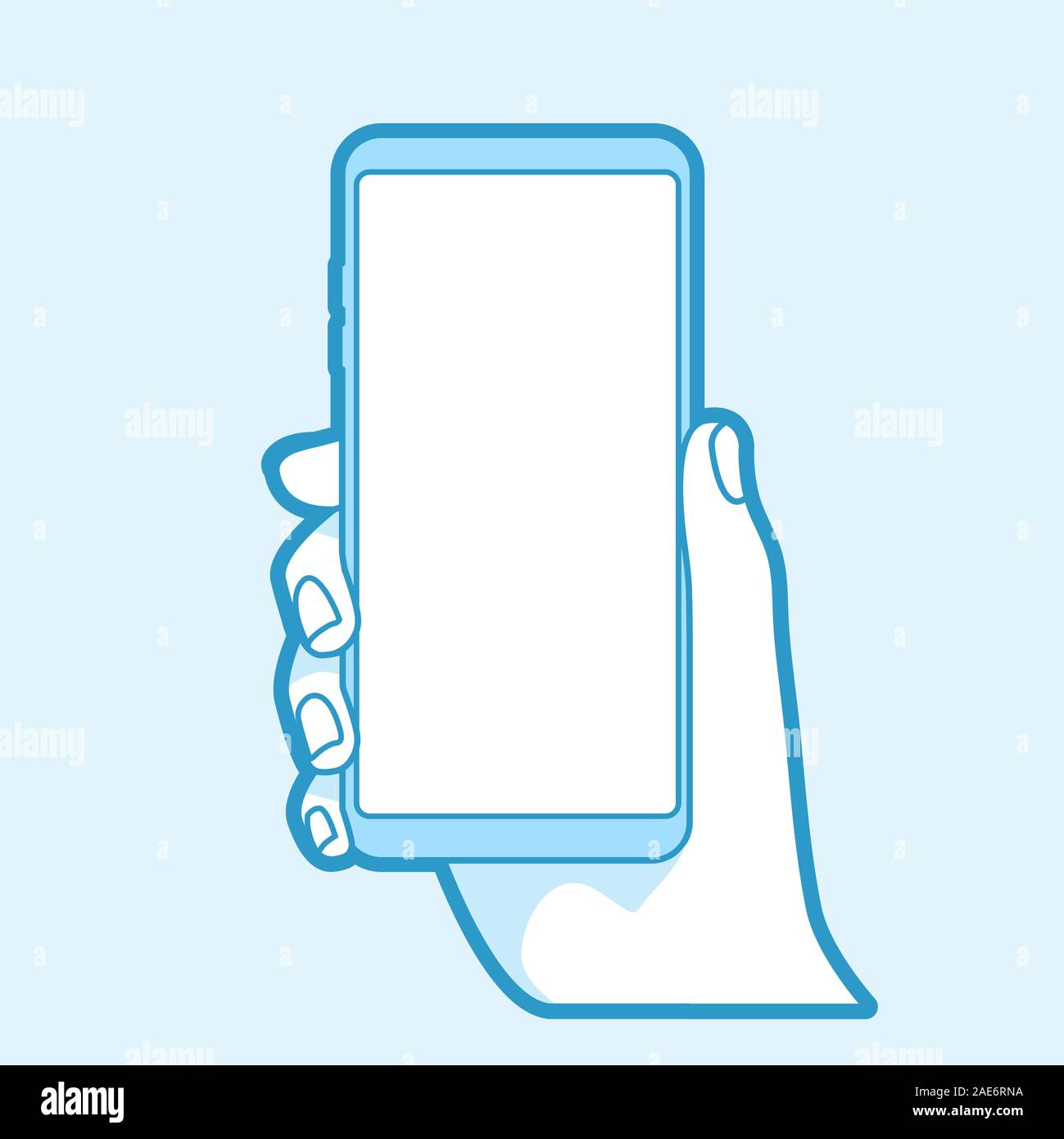 Hand holding smart phone on blue background. Vector illustration of ...