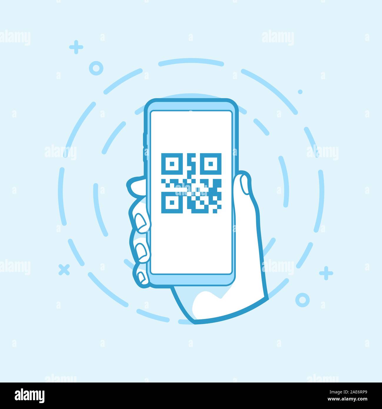 QR code icon on smartphone screen. Hand holding smartphone. Modern vector outline object. Stock Vector