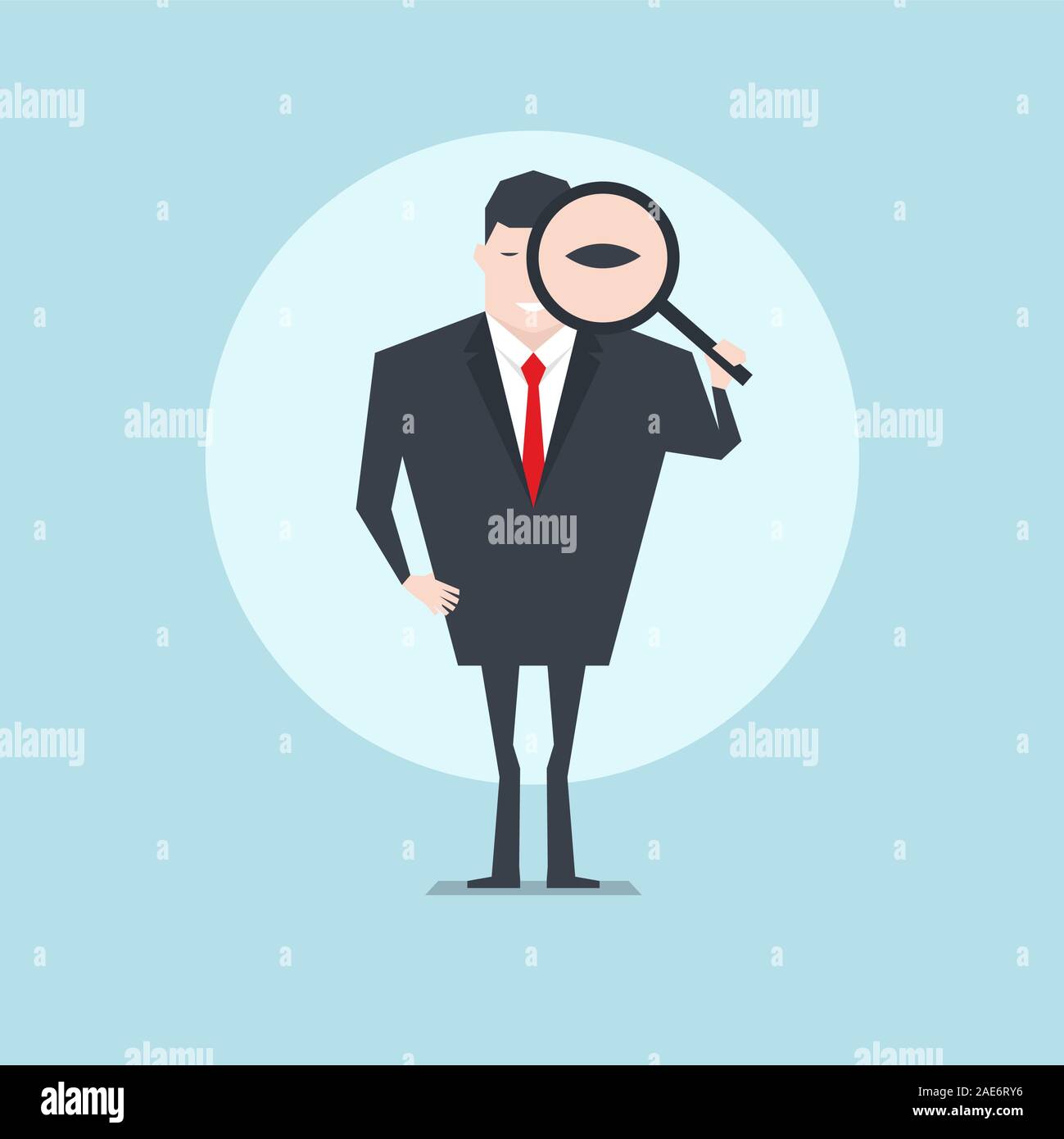The businessman holding a magnifying glass and looking through a magnifying glass. Stock Vector
