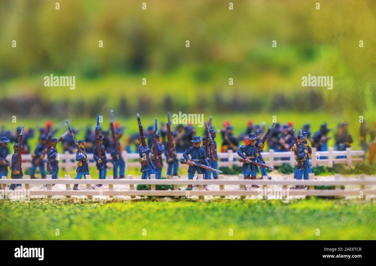 carabine toy soldiers marching in blue uniform military forces of the union in the american civil war Stock Photo