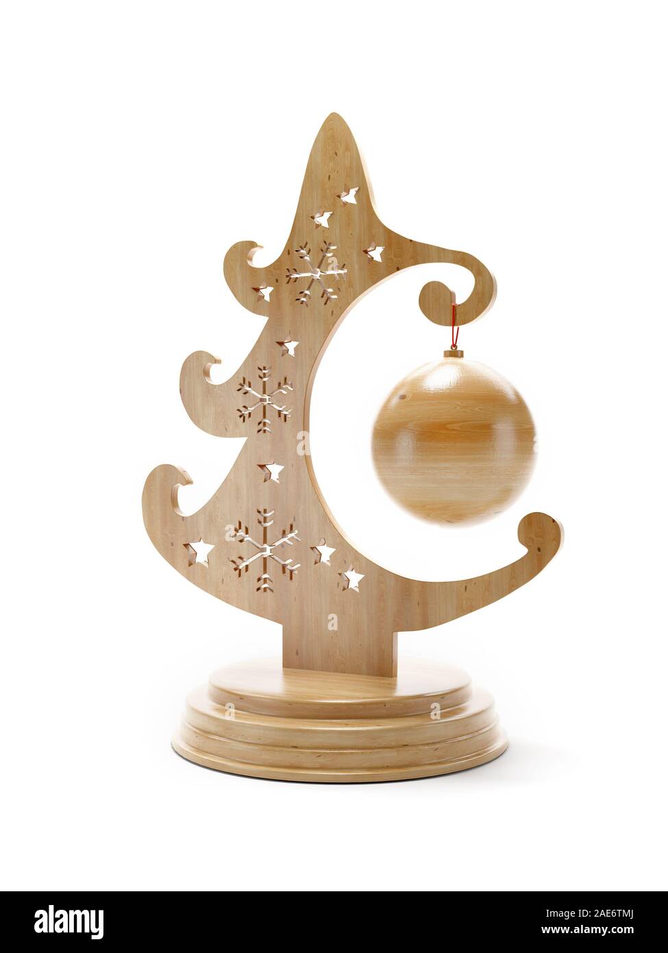 3D render of wooden ornamental christmas tree with ball on stand over white background Stock Photo
