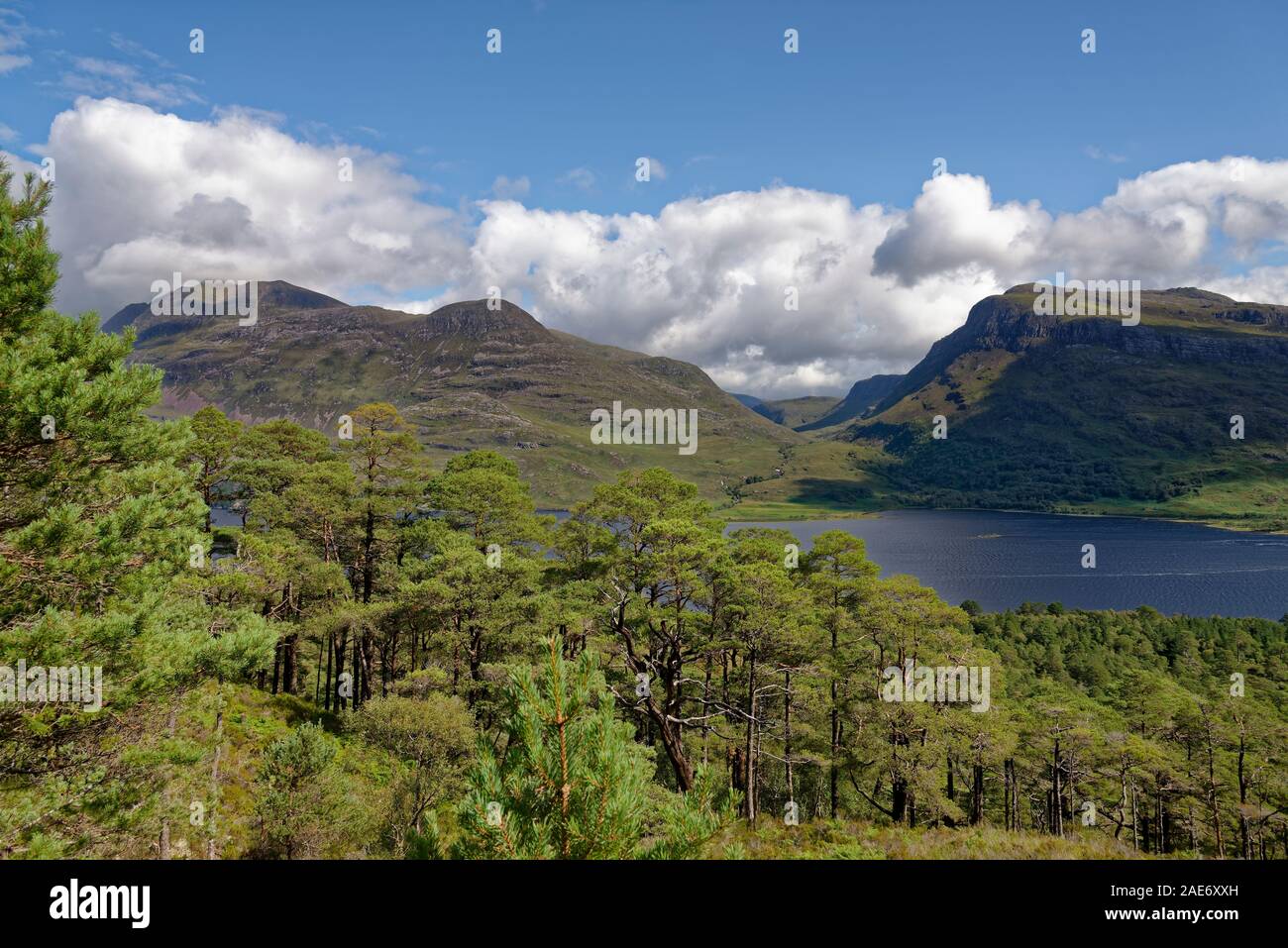 Gleann Bianasdail with Slioch (981M left) and Beinn a'Mhuinidh (692M right)  Viewed from mountain trail across Loch Maree Stock Photo
