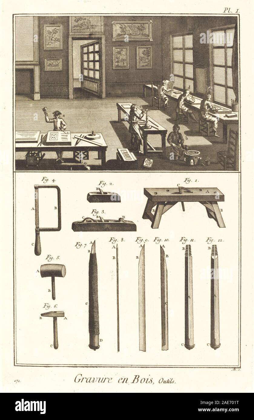 Gravure en Bois, Outils: pl. I; 1771/1779 Antonio Baratta after A-J de Fehrt and J-R Lucotte, Gravure en Bois, Outils - pl I, 1771-1779 Stock Photo