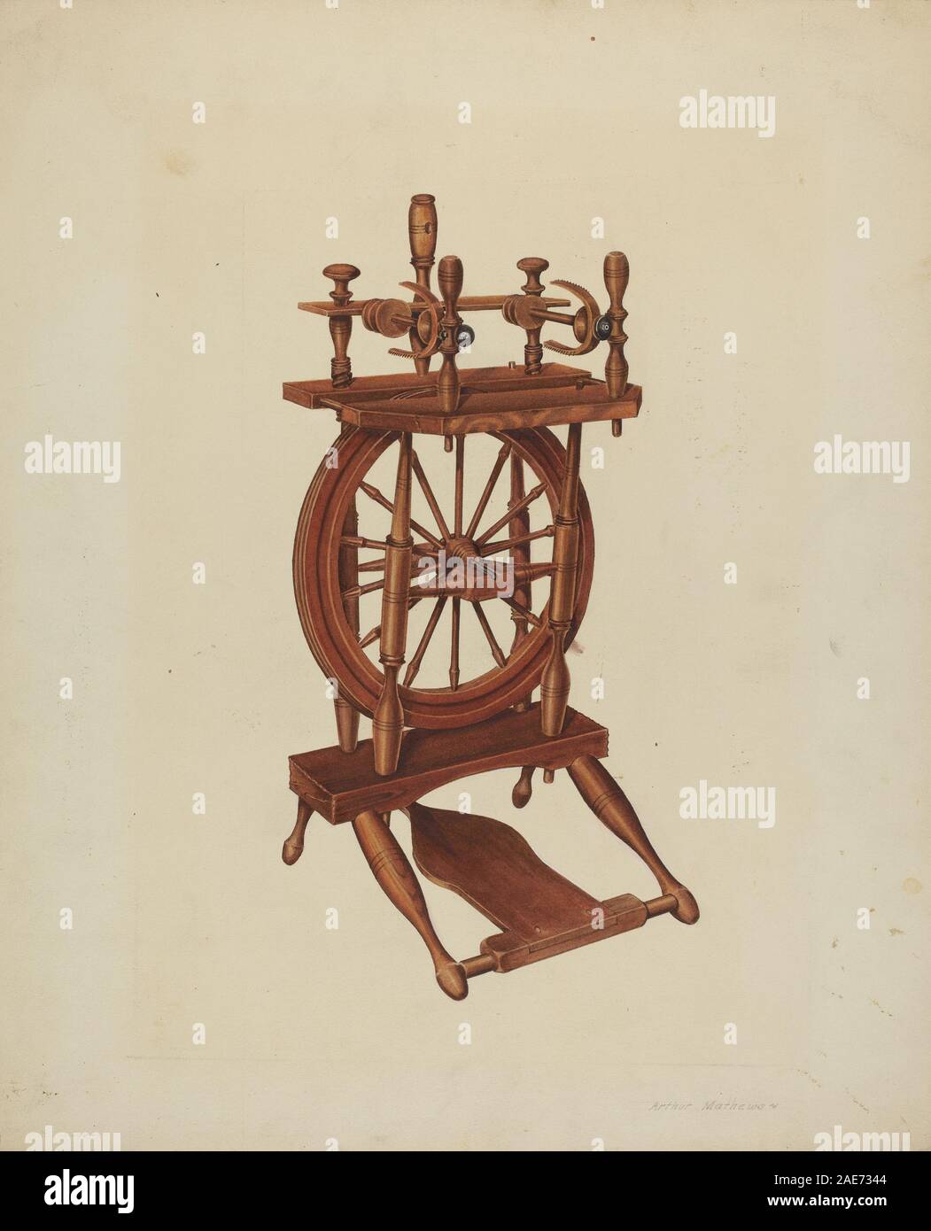 Wood Spinning Wheel; circa 1938 date Arthur Mathews, Wood Spinning