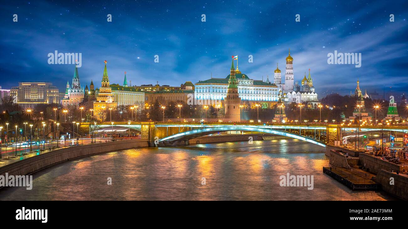 Sightseeing Of Moscow, Russia. Panoramic view of Moscow Kremlin and The Cathedral of Vasily the Blessed known as Saint Basil's Cathedral. Stock Photo