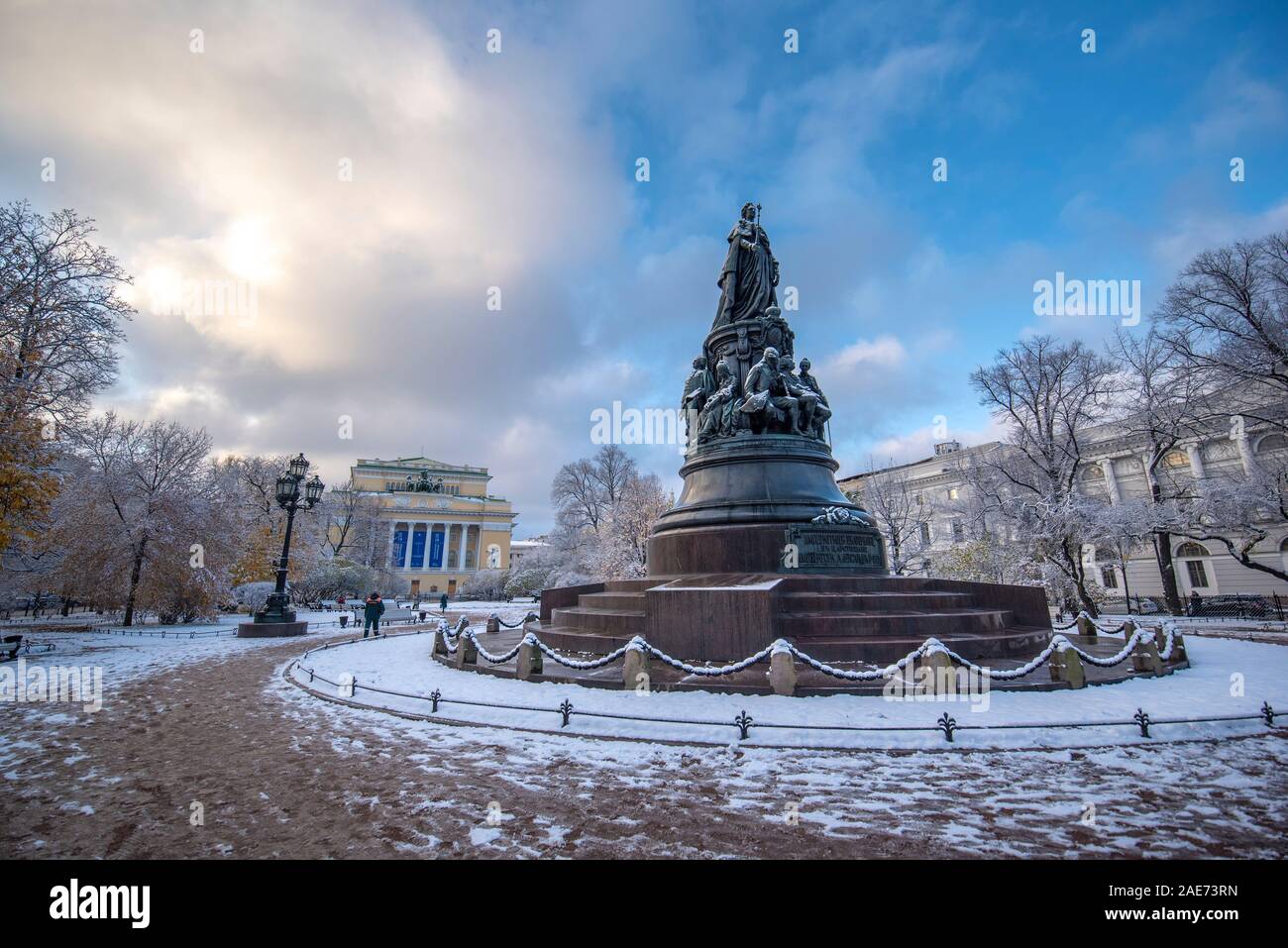 Saint Petersburg, Russia. The Monument to Catherine the Great II front of Alexandrinsky Theatre or Russian State Pushkin Theater at winter snow day. Stock Photo