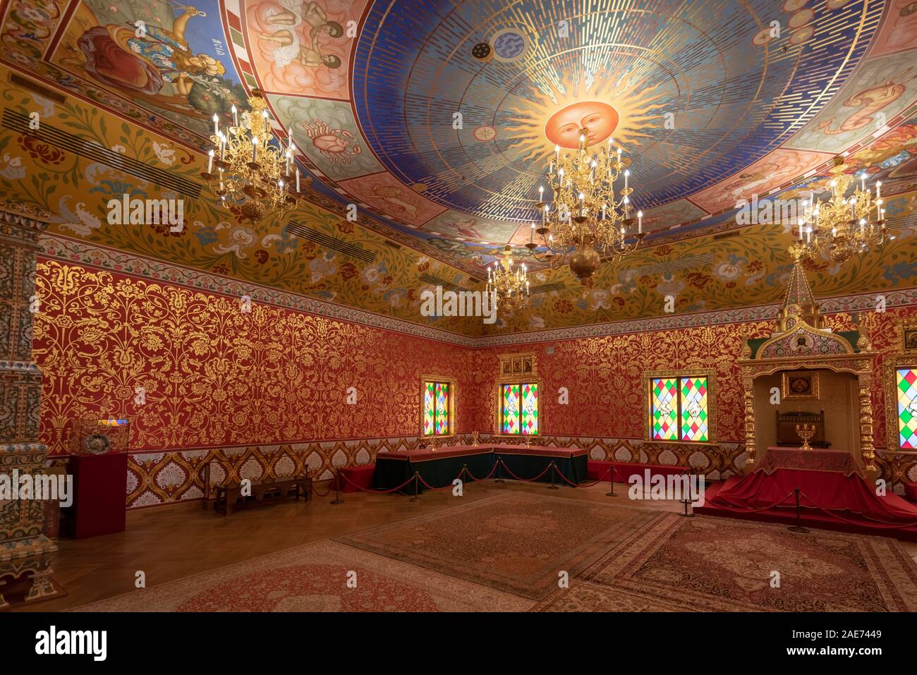 Inside interior of The wooden palace or castle or dvorets of Tsar Aleksey Mikhailovich in Kolomenskoye. Royal residence Museum-Reserve Moscow, Russia Stock Photo