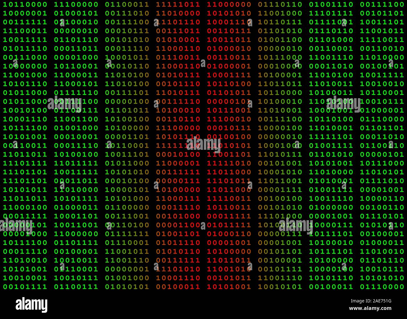 Binary computer data in green and red against a black background with spaces between bytes. Image can be used as a seamless tile as borders are propor Stock Photo