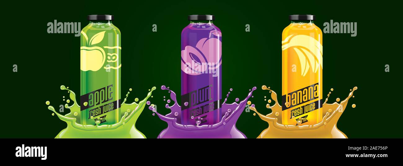 Fruit juice splash bottle set, apple, plum, banana sticker design Stock ...