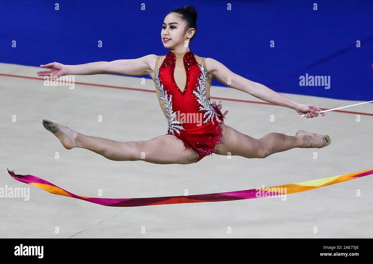 Manila, Philippines. 7th Dec, 2019. Daniela Reggie Dela Pisa of the  Philippines performs during the women's rhythmic gymnastics ribbon final at  the Southeast Asian Games 2019 in Manila, the Philippines, Dec. 7,
