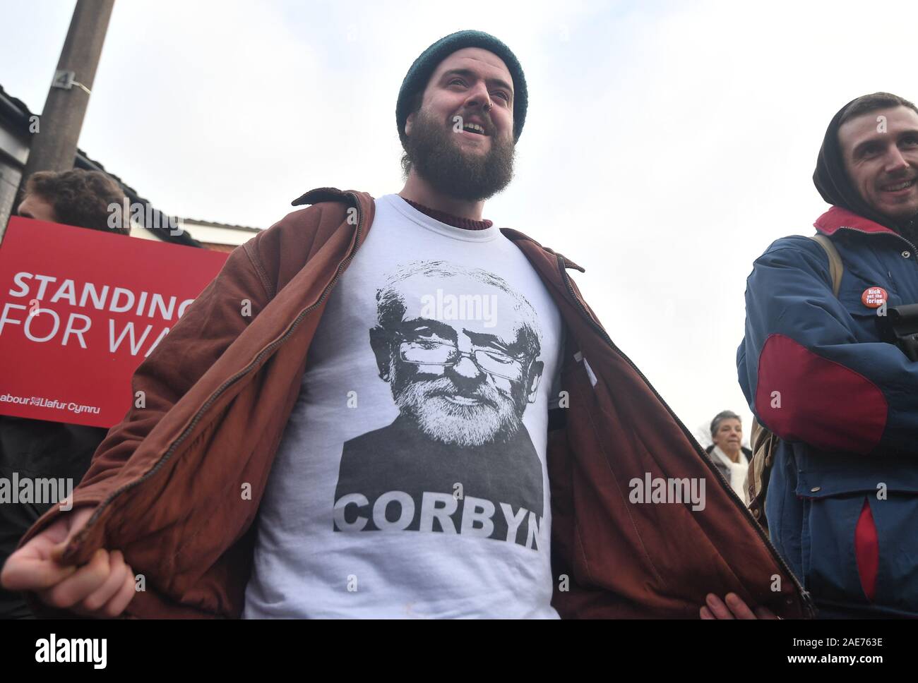A supporter waits for the arrival of Labour Party leader Jeremy Corbyn in Barry Island, while on the General Election campaign trail in Wales. Stock Photo