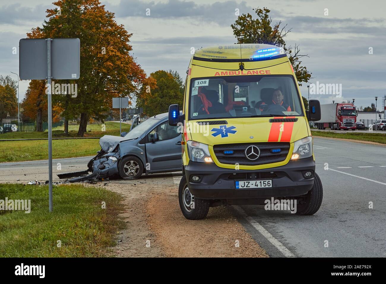 October 3, 2019, Marupe, Latvia: car after accident on a road because ...