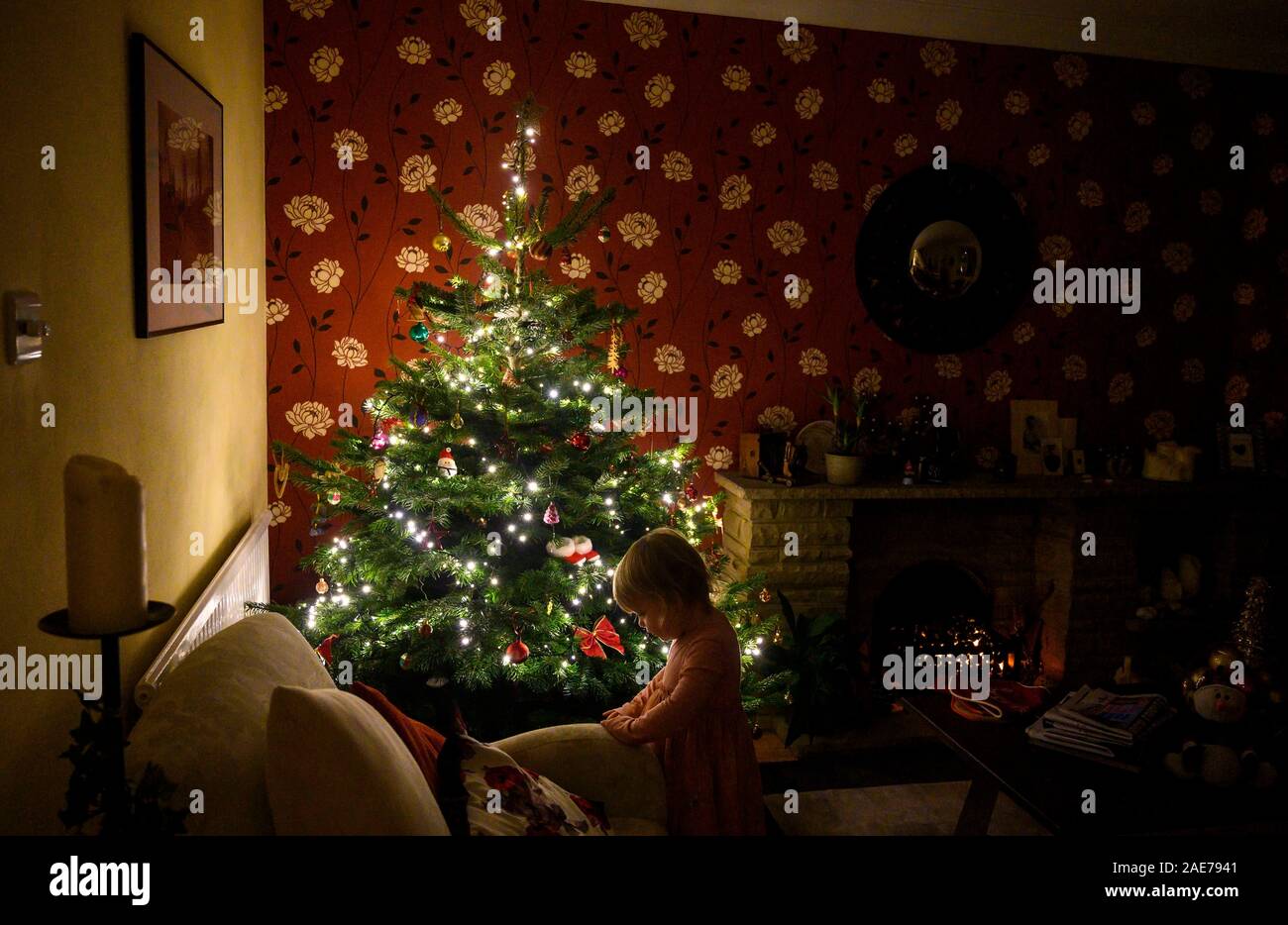 Young 3 Year Old Girl Decorating A Christmas Tree Uk Stock Photo Alamy