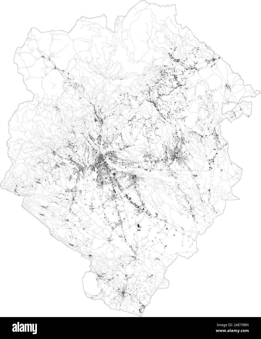 Satellite map of province of Biella, towns and roads, buildings and connecting roads of surrounding areas. Piedmont, Italy. Map roads, streets Stock Vector