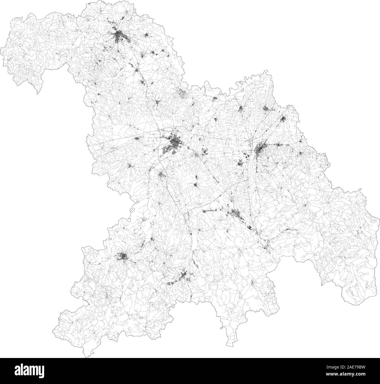 Satellite map of province of Alessandria, towns and roads, buildings and connecting roads of surrounding areas. Piedmont, Italy. Map roads, streets Stock Vector