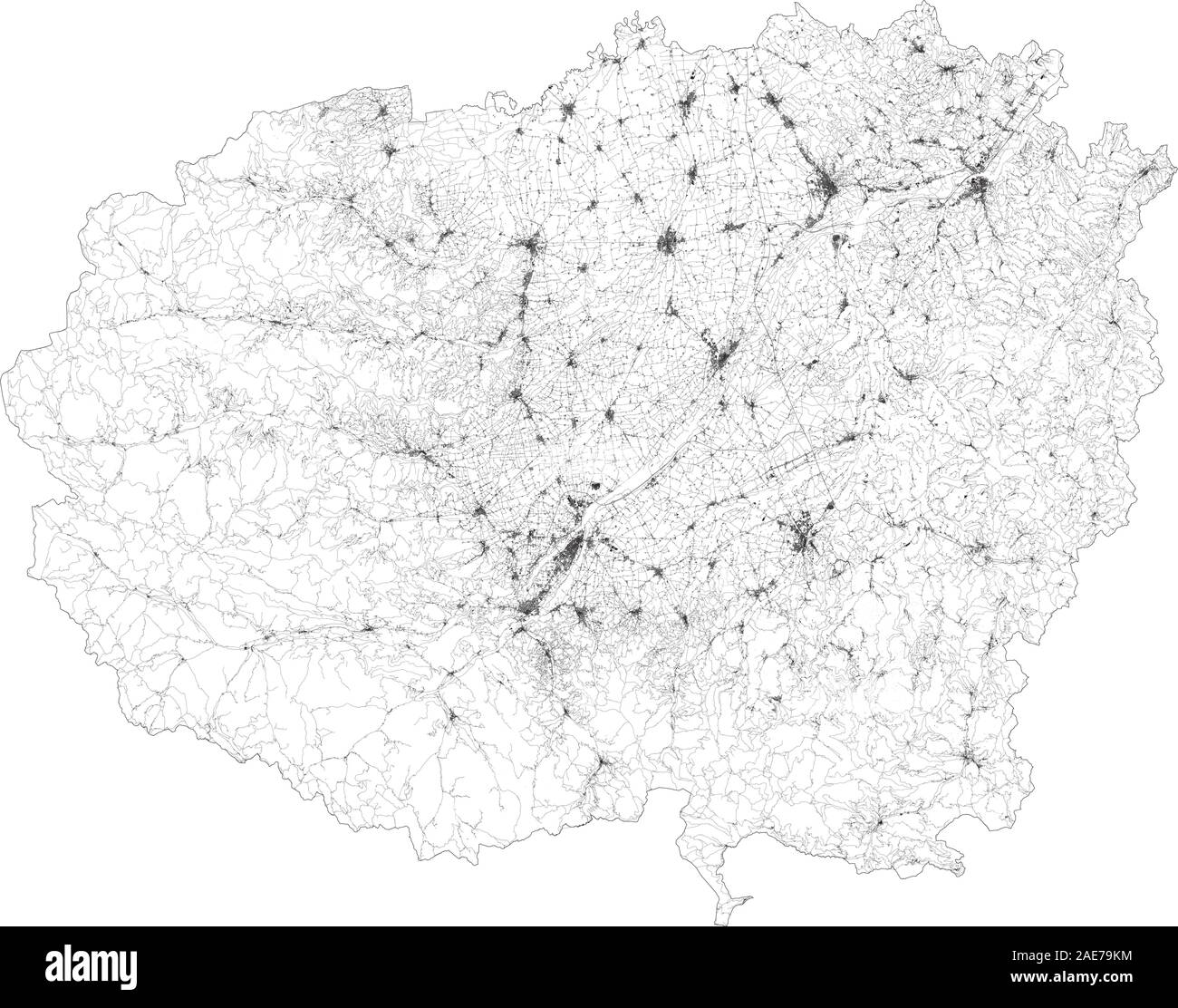 Satellite map of province of Cuneo, towns and roads, buildings and connecting roads of surrounding areas. Piedmont, Italy. Map roads, streets Stock Vector