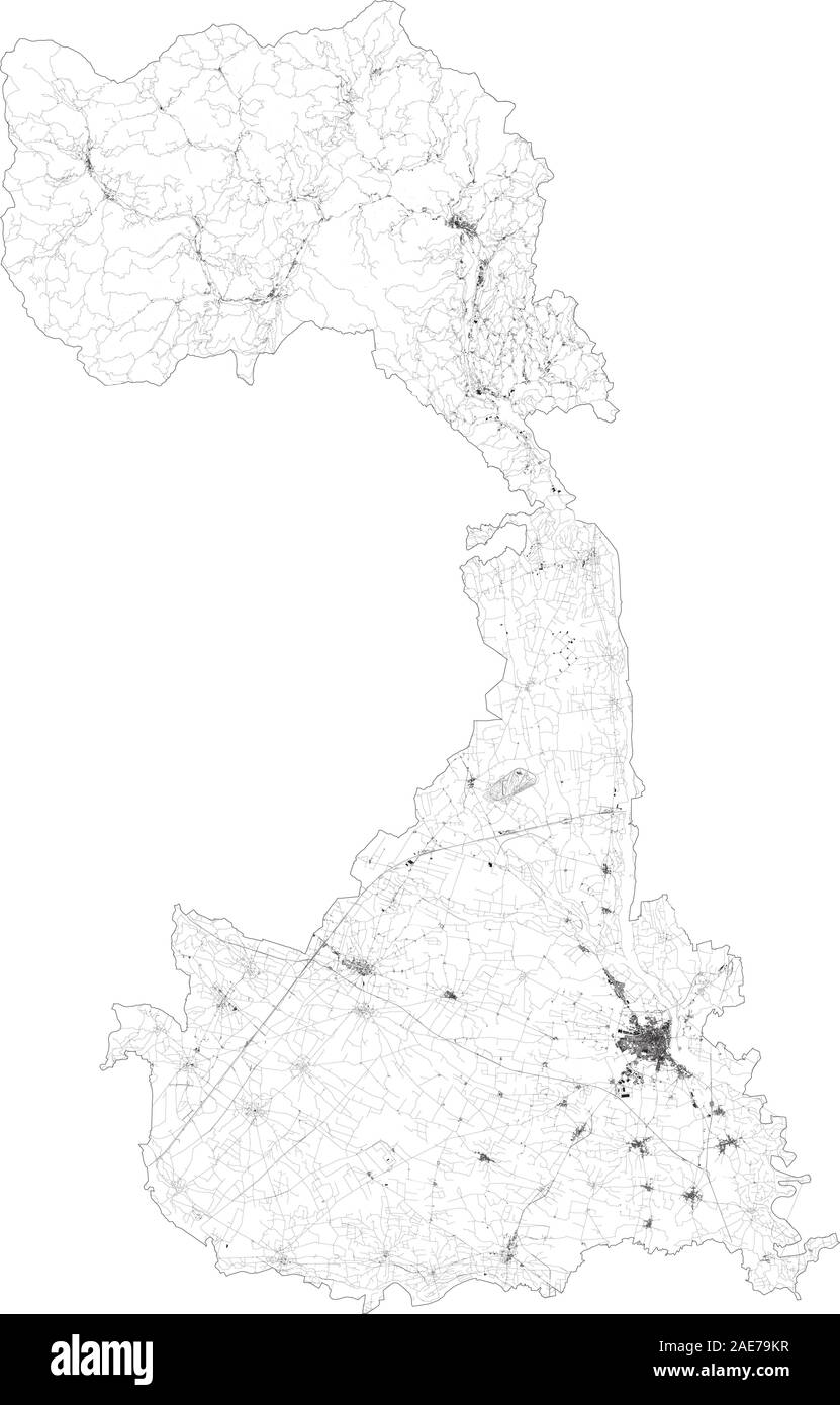 Satellite map of province of Vercelli, towns and roads, buildings and connecting roads of surrounding areas. Piedmont, Italy. Map roads, ring roads Stock Vector