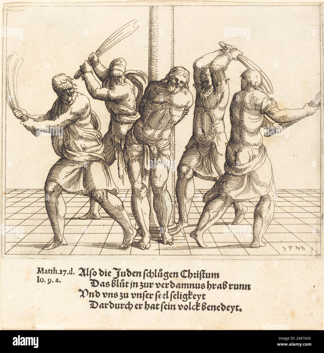 Engraving depicting the biblical scene of the Flagellation of Christ ...
