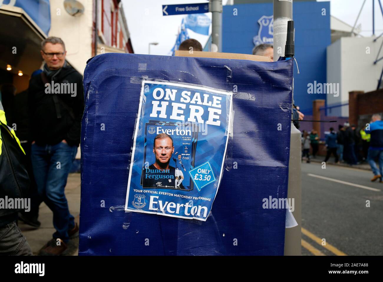 Goodison Park, Liverpool, Merseyside, UK. 7th Dec, 2019. English Premier League Football, Everton versus Chelsea; Progammes on sale before the game featuring Everton's new interim manager Duncan Ferguson on the cover - Strictly Editorial Use Only. No use with unauthorized audio, video, data, fixture lists, club/league logos or 'live' services. Online in-match use limited to 120 images, no video emulation. No use in betting, games or single club/league/player publications Credit: Action Plus Sports/Alamy Live News Stock Photo