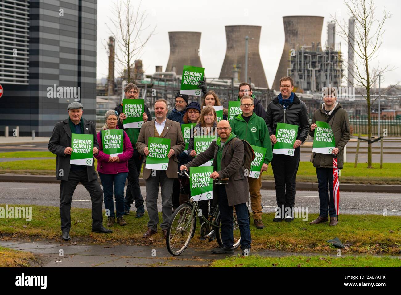 Grangemouth, Scotland, UK. 7th December 2019. Scottish Greens co-leader Patrick Harvie joined Linlithgow and East Falkirk candidate Gillian Mackay for a demonstration outside INEOS offices in Grangemouth. The refinery operated there by INEOS is Scotland’s biggest polluter according to the Greens. The Scottish Greens are calling for the end of shale gas imports, which bring fracked gas from the US to Grangemouth. Iain Masterton/Alamy Live News Stock Photo