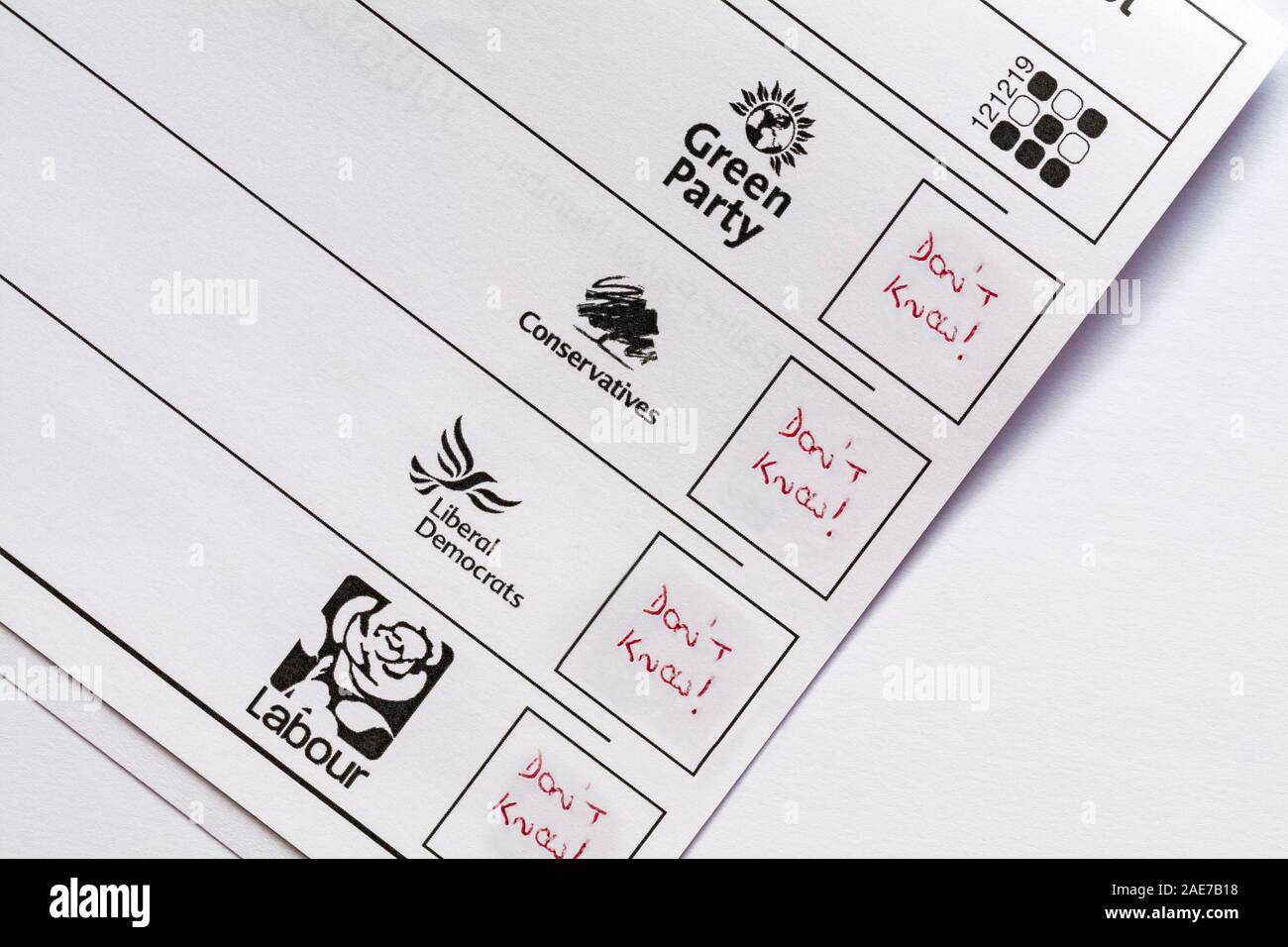 Spoiled spoilt ballot paper for forthcoming Parliamentary Election 2019 in UK - wasted vote Stock Photo