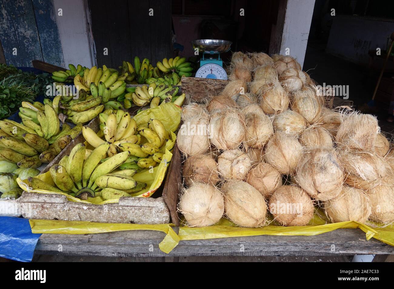 Bananas and coconuts on the counter at a local market of fruit and vegetable in Sri Lanka Stock Photo