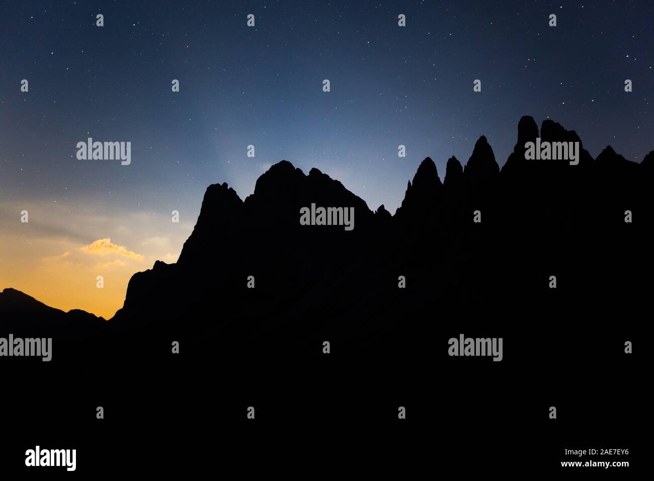 Night landscape on the Odle mountain group in the Funes Valley. The Puez-Odle nature park. The Dolomites of Trentino-Alto Adige. Italian Alps. Stock Photo