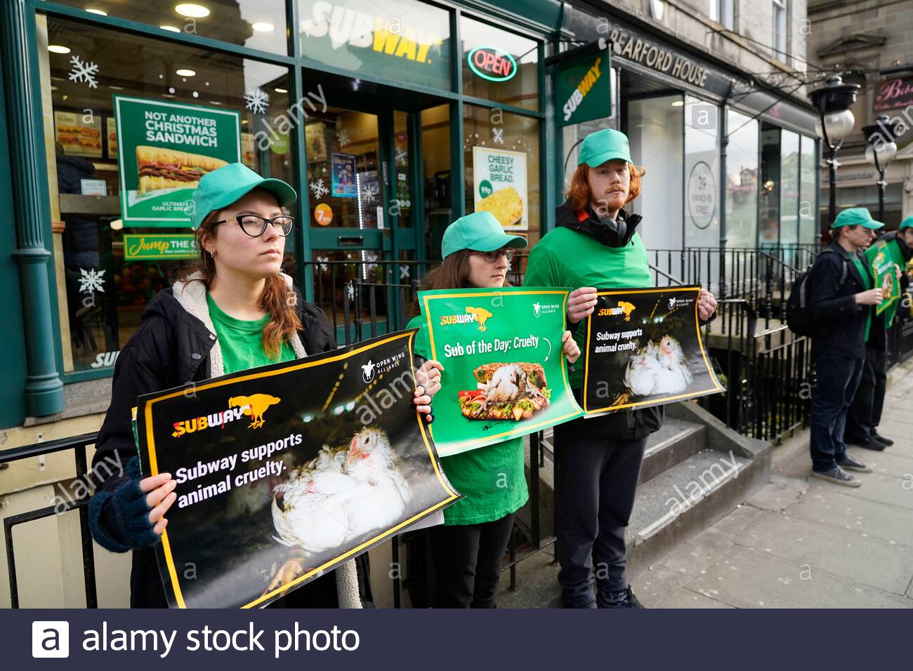 Edinburgh, Scotland, UK. 7th  Dec 2019. Protest outside Subway restaurant chain in Hanover Street, Protest Chicken Cruelty!. Animal Rights Group Open Cages peacefully protest a major UK restaurant for cruelty upon chickens.  Credit: Craig Brown/Alamy Live News Stock Photo
