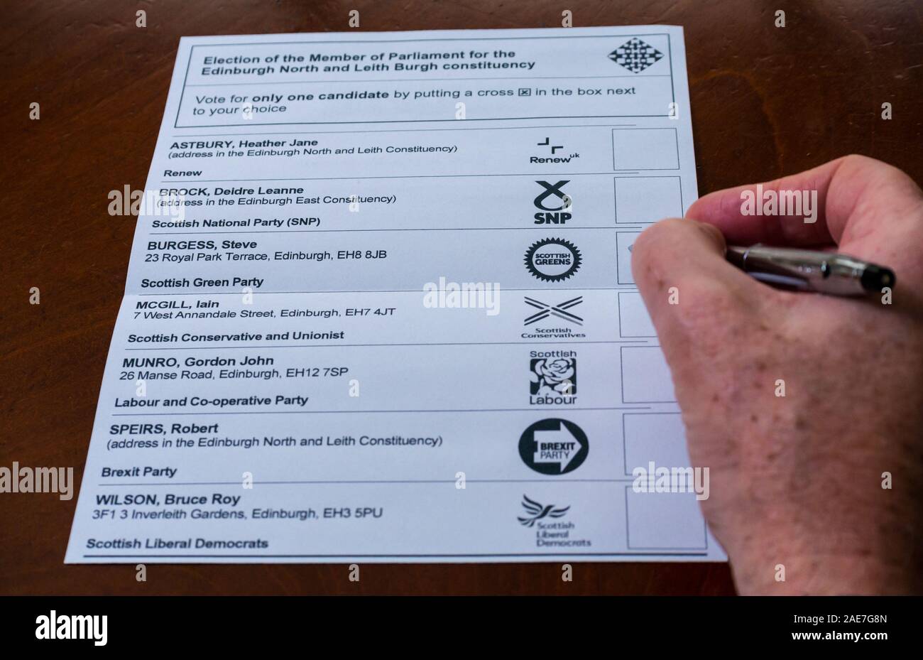 Man voting for Scottish Green Party candidate Steven Burgess on postal ballot in general election 2019 in Edinburgh Leith constituency, Scotland, UK Stock Photo