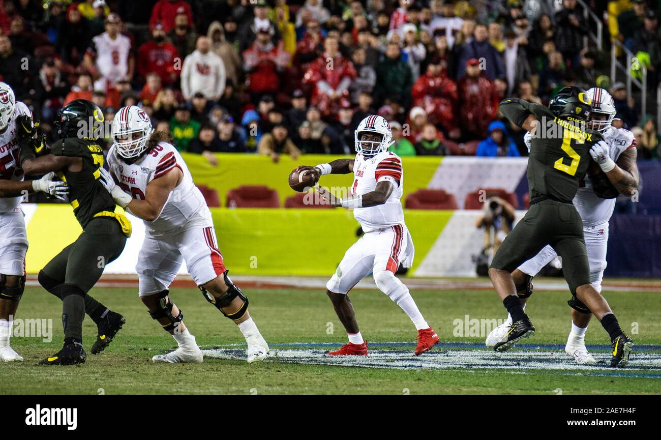 Dec 06 2019 Santa Clara, CA U.S.A. Utah Utes quarterback Tyler Huntley (1) looks for the deep pass during the NCAA Pac12 Football Championship game between Oregon Ducks and the Utah Utes 15-37 lost at Levi Stadium Santa Clara Calif. Thurman James/CSM Stock Photo