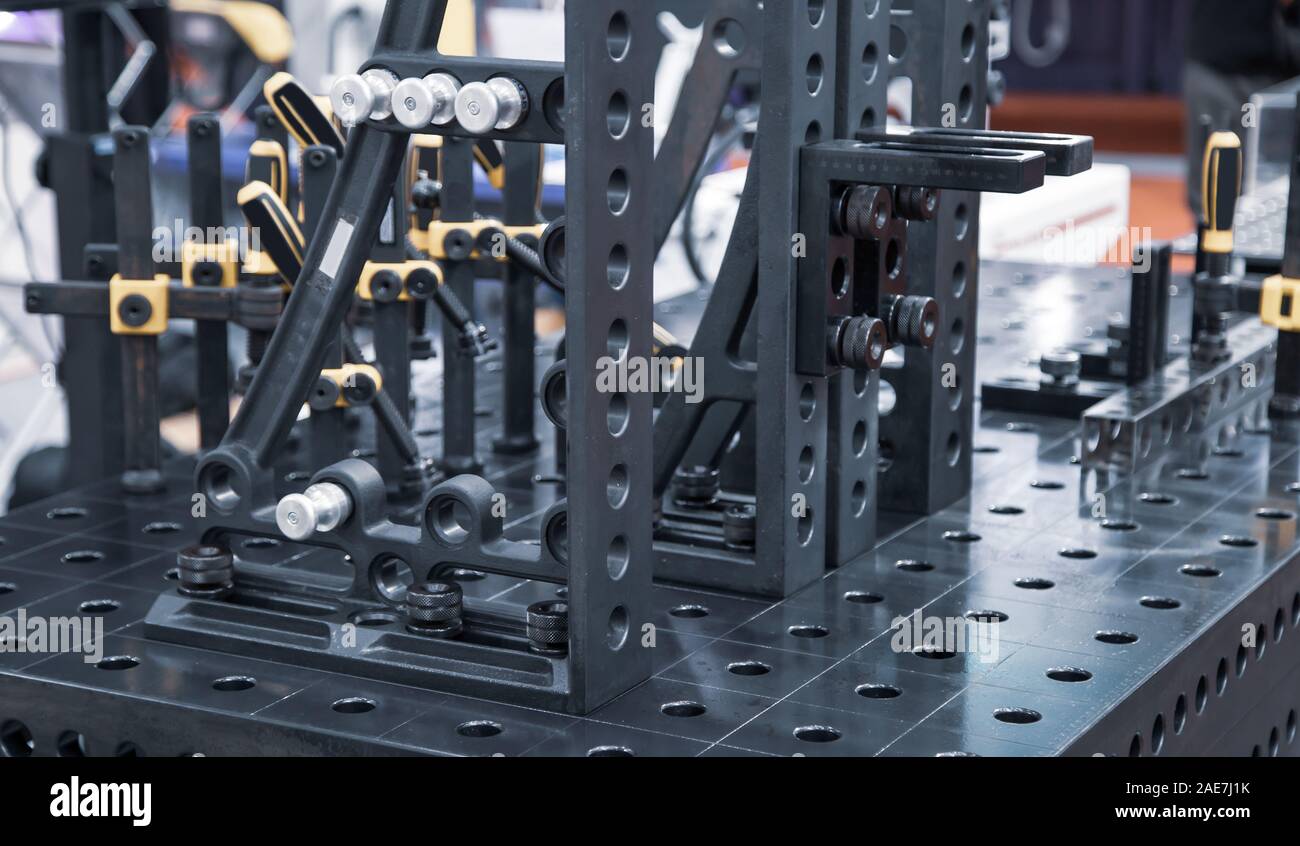 Welding table and clamping system, quick mount workpiece Stock Photo