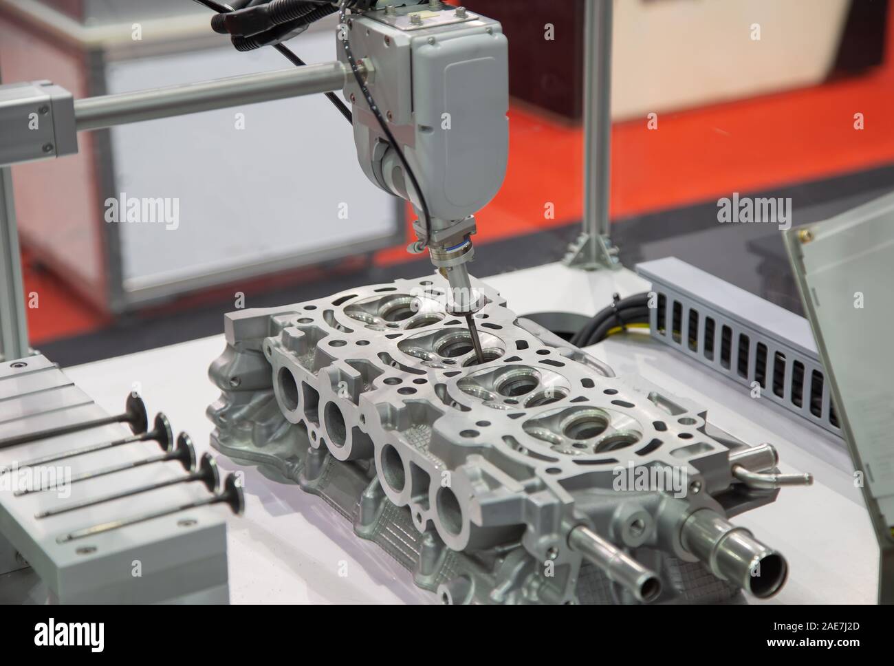 Robotic perform assembly engine part, Modern industry factory Stock