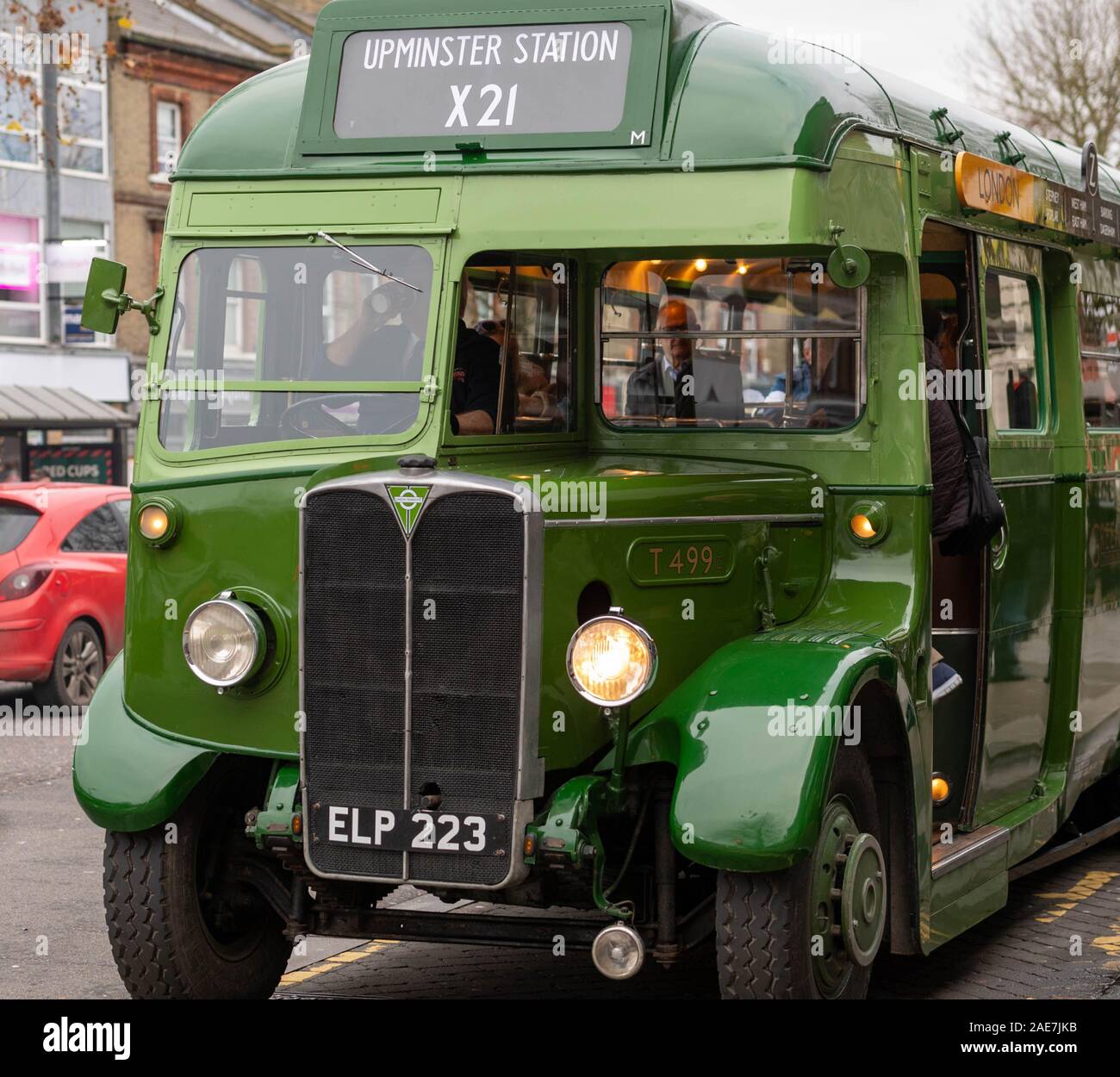 Brentwood Essex UK, 7th Dec. 2019 Ensign Bus Vintage running day.  Ensign bus company runs its fleet of vintage buses on selected routes on the first saturday in December, seen here in Brentwood, Essex UK High Street 1938 Green Line AEC Regal O662 T499 (ELP 223 Credit Ian DavidsonAlamy Live News Stock Photo
