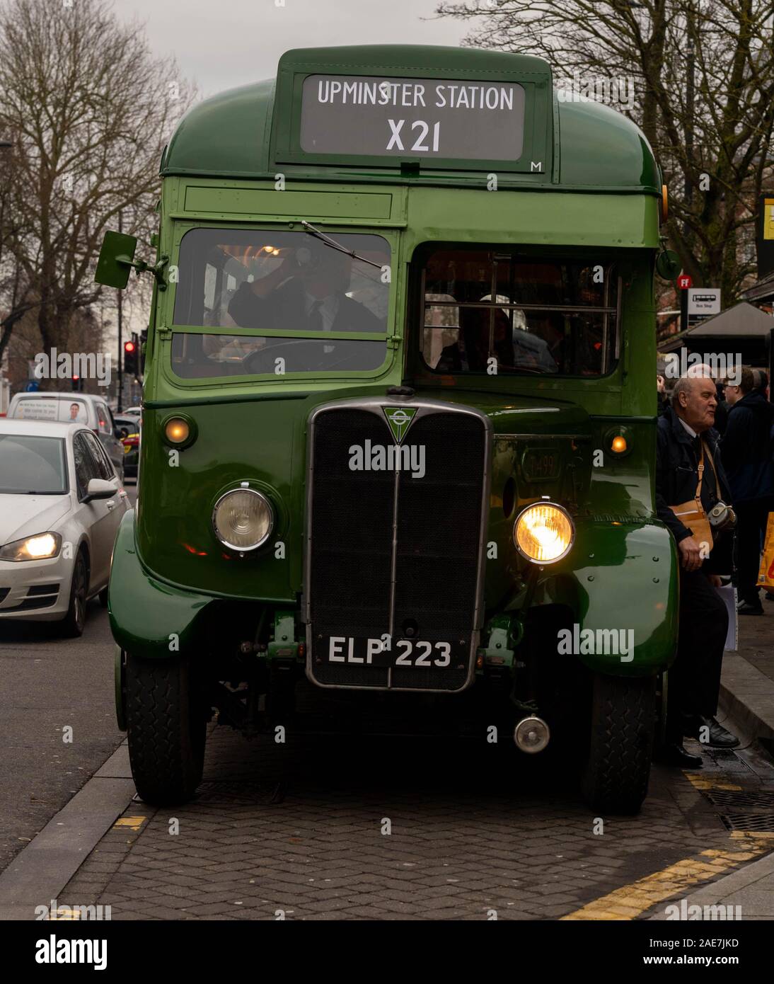 Brentwood Essex UK, 7th Dec. 2019 Ensign Bus Vintage running day.  Ensign bus company runs its fleet of vintage buses on selected routes on the first saturday in December, seen here in Brentwood, Essex UK High Street1938 Green Line AEC Regal O662 T499 (ELP 223) Credit Ian DavidsonAlamy Live News Stock Photo