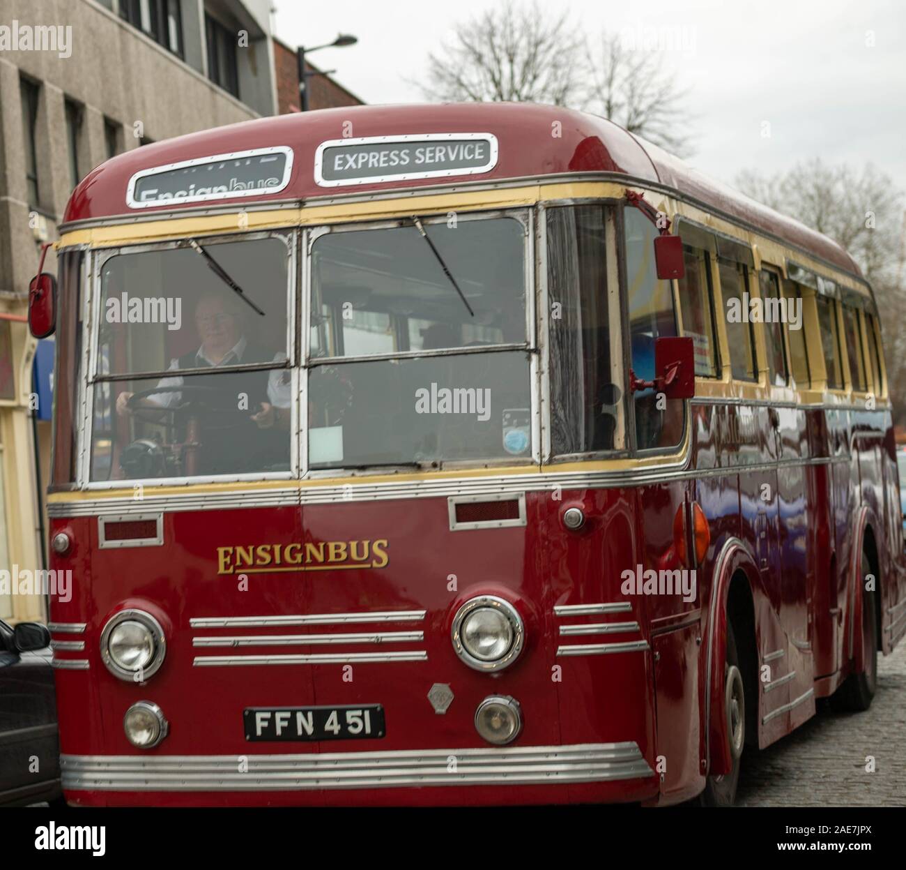 Brentwood Essex UK, 7th Dec. 2019 Ensign Bus Vintage running day.  Ensign bus company runs its fleet of vintage buses on selected routes on the first saturday in December, seen here in Brentwood, Essex UK High Street Leyland Royal Tiger PSU1/13 with Park Royal coachwork FFN  451 Credit Ian DavidsonAlamy Live News Stock Photo