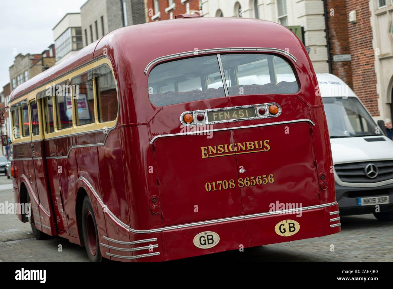 Brentwood Essex UK, 7th Dec. 2019 Ensign Bus Vintage running day.  Ensign bus company runs its fleet of vintage buses on selected routes on the first saturday in December, seen here in Brentwood, Essex UK High Street Leyland Royal Tiger PSU1/13 with Park Royal coachwork FFN 451 Credit Ian DavidsonAlamy Live News Stock Photo