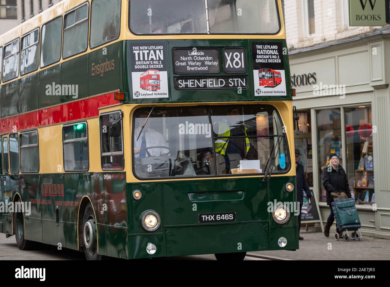 Brentwood Essex UK, 7th Dec. 2019 Ensign Bus Vintage running day.  Ensign bus company runs its fleet of vintage buses on selected routes on the first saturday in December, seen here in Brentwood, Essex UK High Street Leyland Fleetline - DM2646  Credit Ian DavidsonAlamy Live News Stock Photo