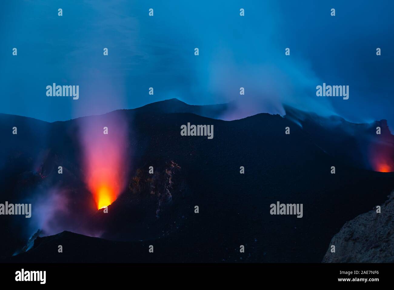 The eruption of active volcano Stromboli spraying lava into the night ...