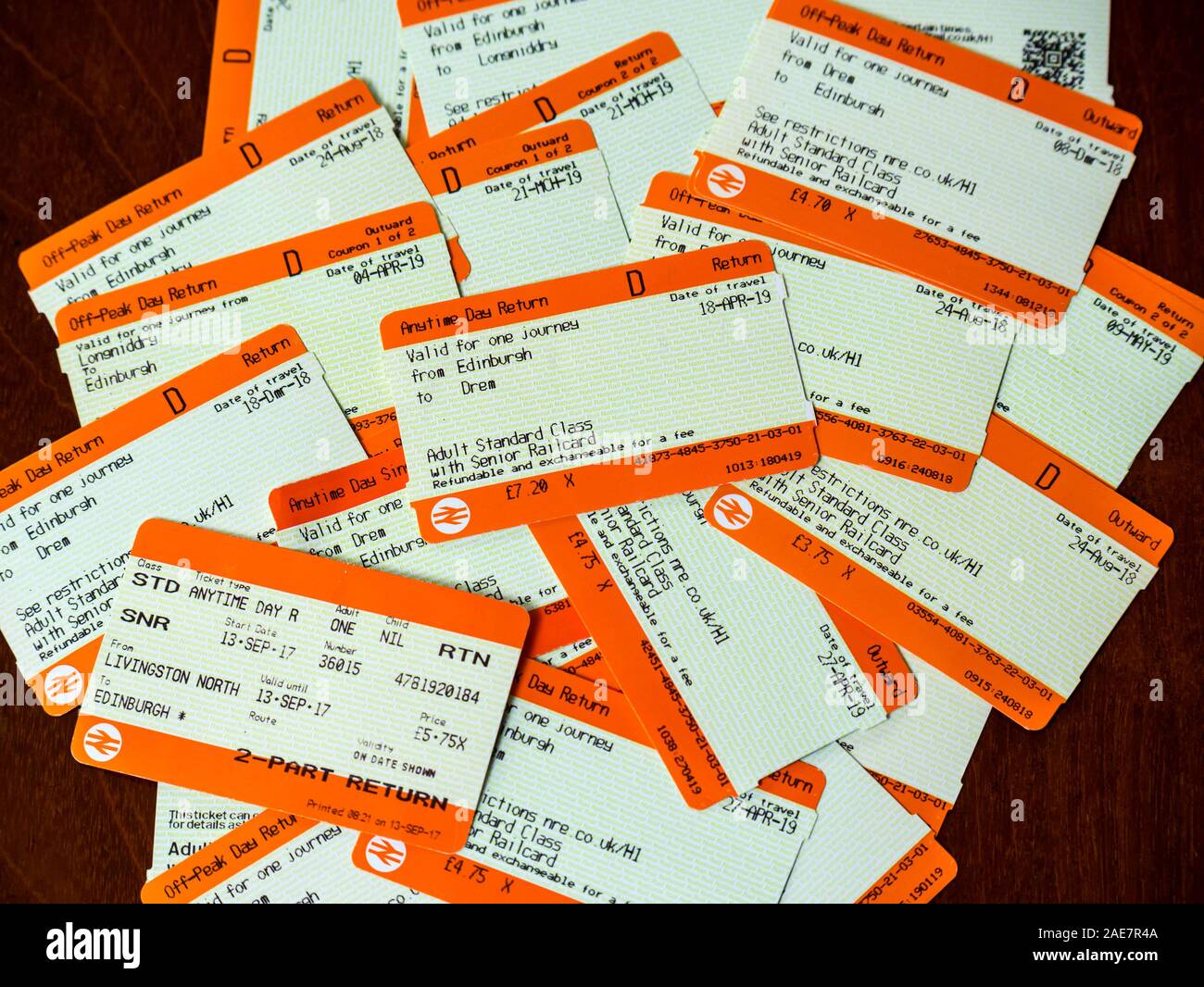 Pile of used Scotrail train senior railcard tickets for rail journeys to Edinburgh, Drem, Longniddry, Livingston, Scotland, UK Stock Photo