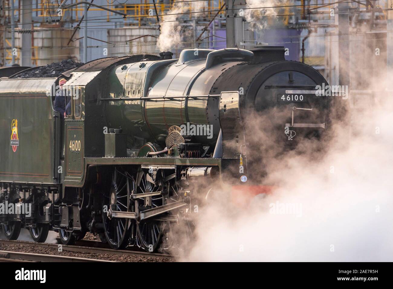 Heritage retsored steam locomotive The Royal Scot at Warrington Bank Quay station. Stock Photo
