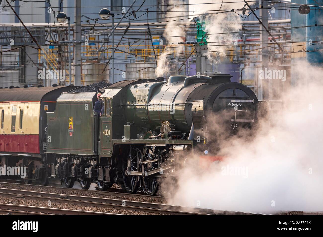 Heritage retsored steam locomotive The Royal Scot at Warrington Bank Quay station. Stock Photo