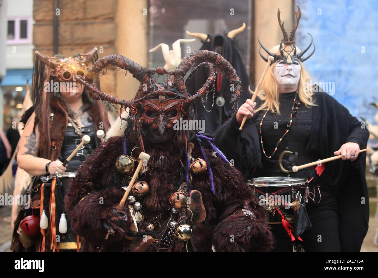 Participants during the Whitby Krampus Run street parade, which celebrates the Krampus, a horned creature who accompanies Saint Nicholas on his rounds. The event at Whitby is the very first to celebrate this folklore character in the UK. Picture date: Saturday December 7, 2019. Photo credit should read: Danny Lawson/PA Wire Stock Photo