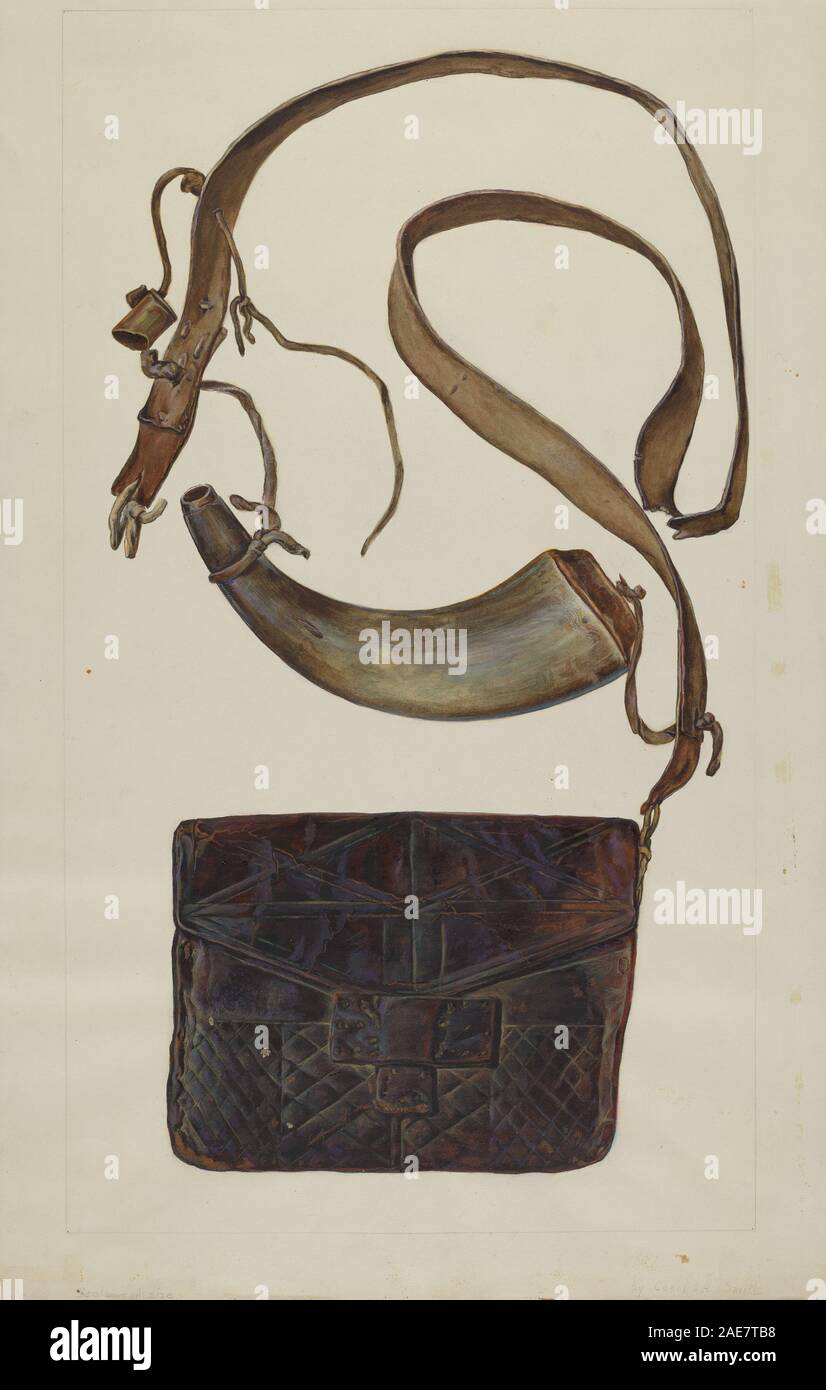 Bullet Pouch and Powder Horn; circa 1937 date Cecil Smith, Bullet Pouch and Powder Horn, c 1937 Stock Photo