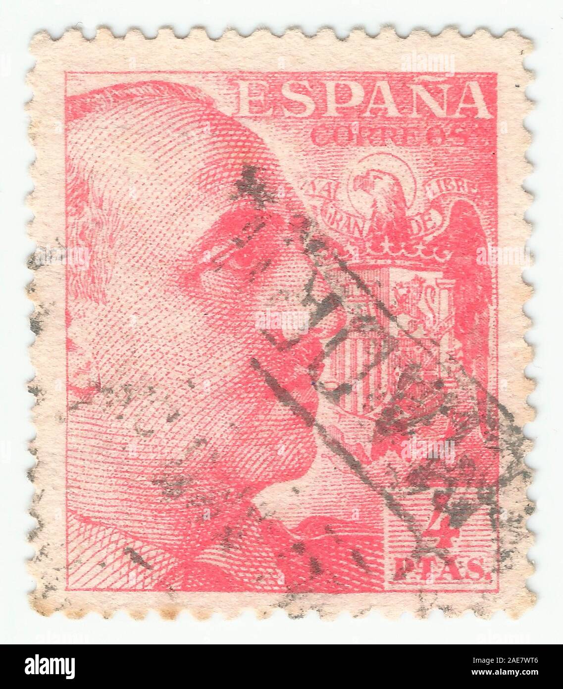 MERIDA, EXTREMADURA, SPAIN;  DIC, 01, 2.018 - Stamp showing a portrait of General Francisco Franco 1892-1975. CIRCA 1949 Stock Photo