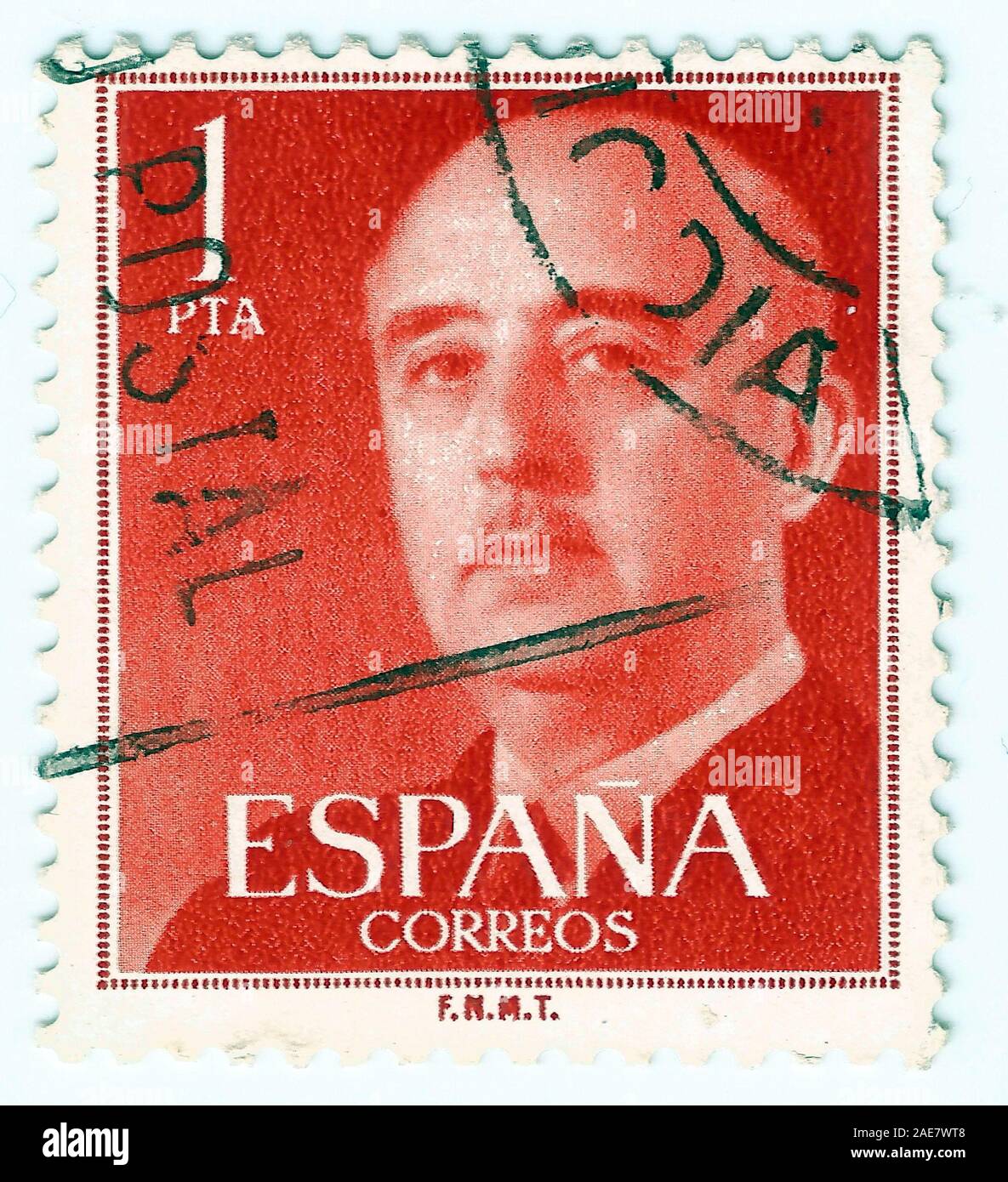 MERIDA, EXTREMADURA, SPAIN;  DIC, 01, 2.018 - Stamp showing a portrait of General Francisco Franco 1892-1975. CIRCA 1949 Stock Photo