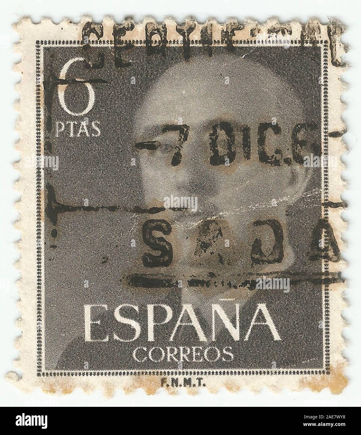 MERIDA, EXTREMADURA, SPAIN;  DIC, 01, 2.018 - Stamp showing a portrait of General Francisco Franco 1892-1975. CIRCA 1949 Stock Photo