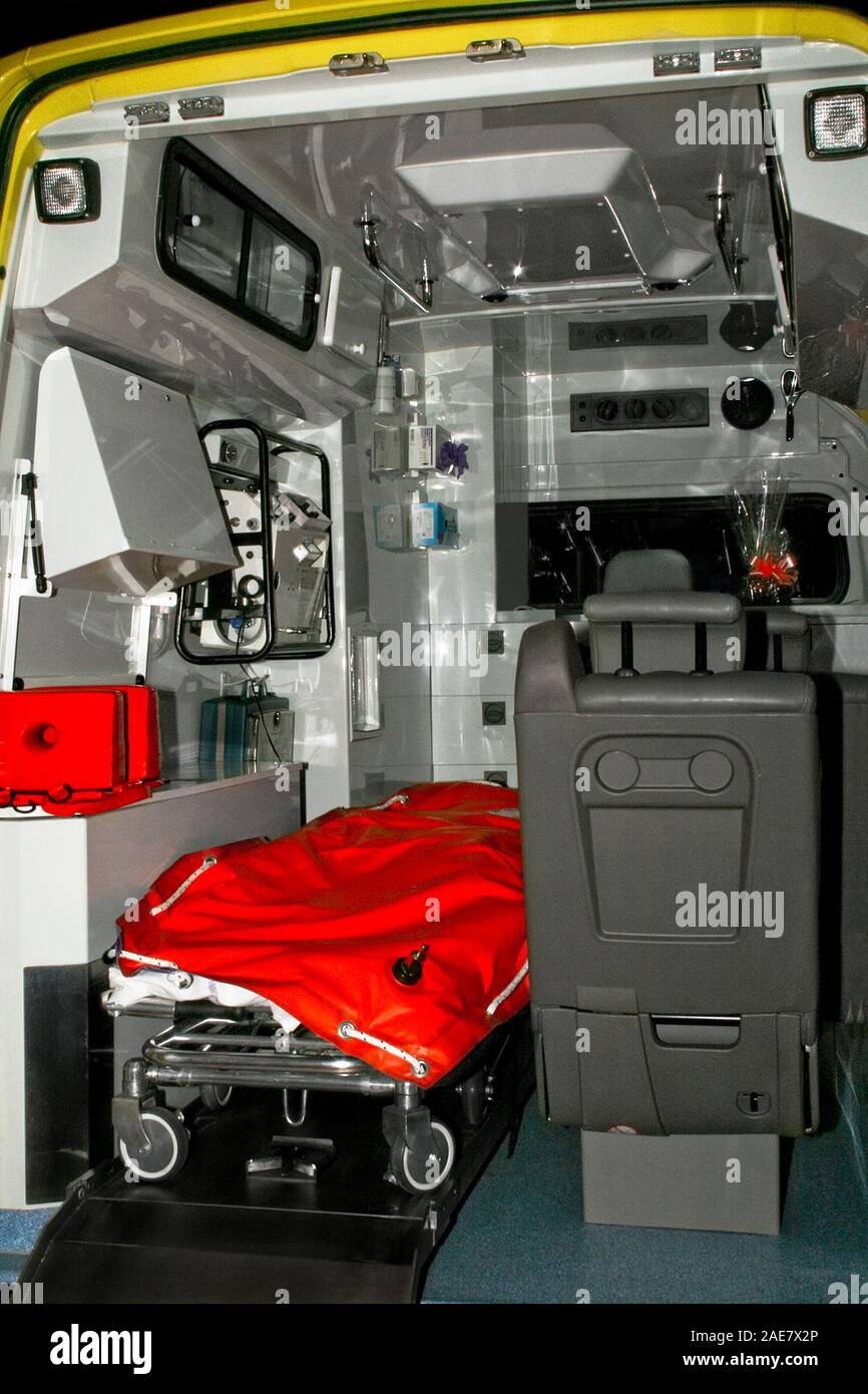 Inside view of ambulance vehicle with bed and equipment Stock Photo Alamy