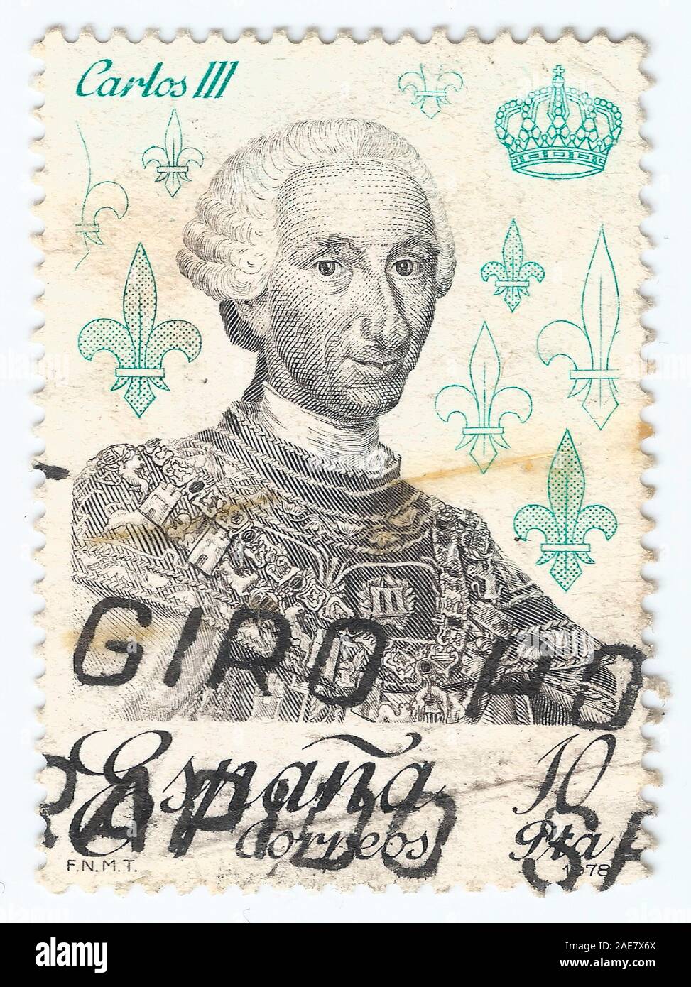 MERIDA, EXTREMADURA, SPAIN - DIC 1, 2018: A stamp printed in Spain shows King Carlos III  (1.716 - 1.788) Printed circa 1978 Stock Photo